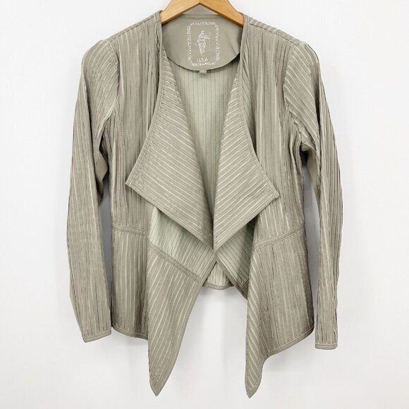 My Tribe Grey Taupe Leather Striped Open Front Waterfall Fitted Jacket - Picture 2 of 8